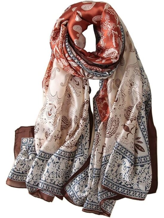 Accessories - Women's Light Brown Lightweight Silk Scarves Flower Print Head Cotton Wrap Scarf
